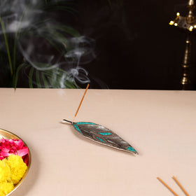 Tibetan Leaf Stone Work White Metal Incense Stick Holder 27