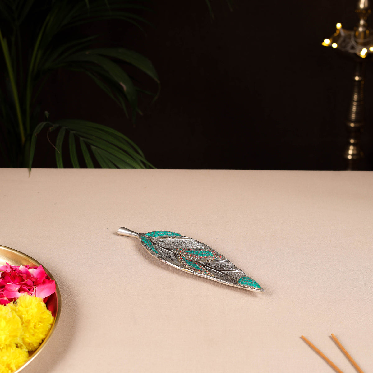 Tibetan Leaf Stone Work White Metal Incense Stick Holder 28