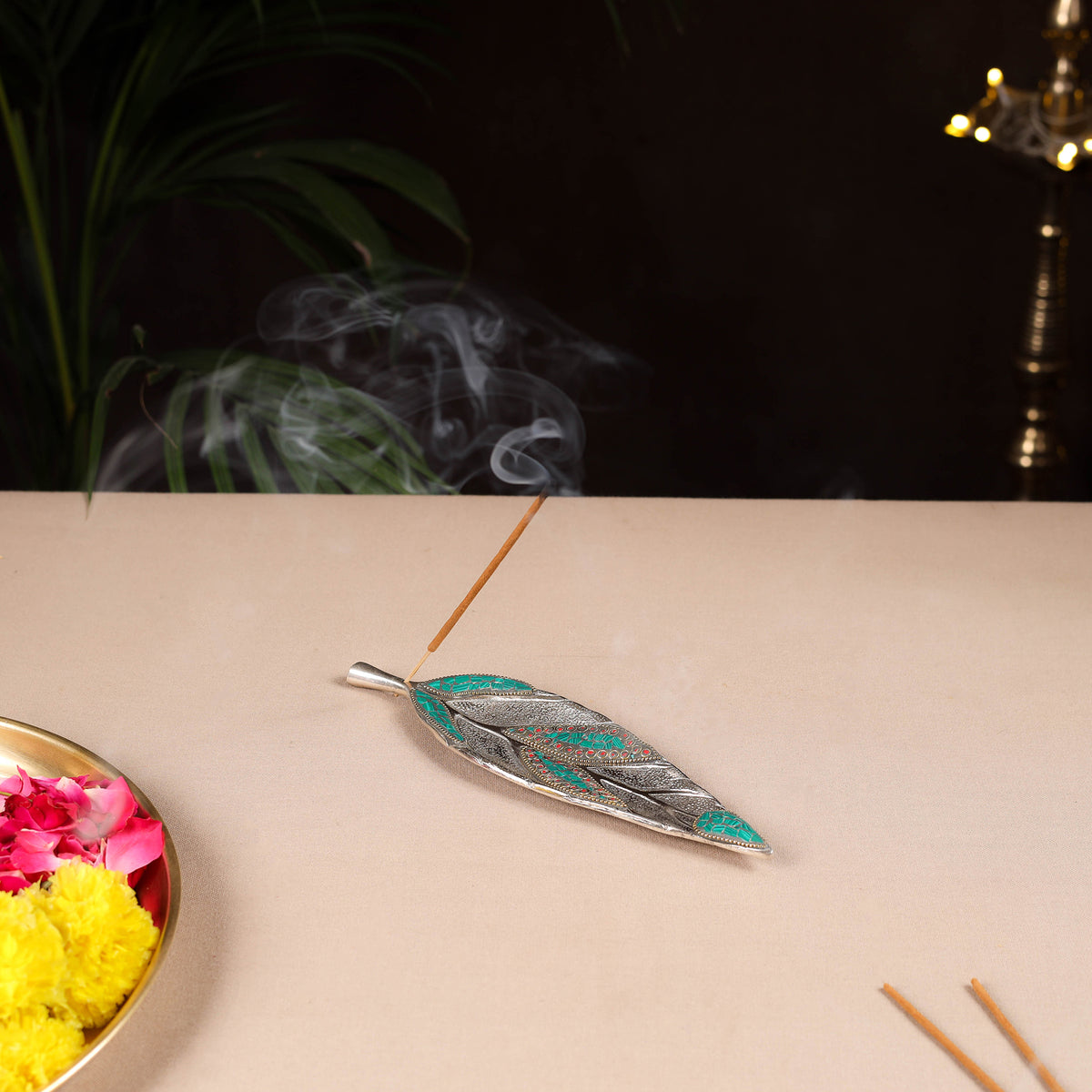 Tibetan Leaf Stone Work White Metal Incense Stick Holder 28