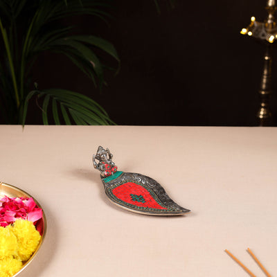 Tibetan leaf stone work white metal incense stick holder 23