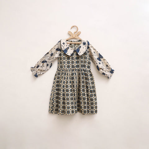 Beige - Pure Cotton Girls Frock Dress in Ajrakh Block Print (3-4 Years) 34