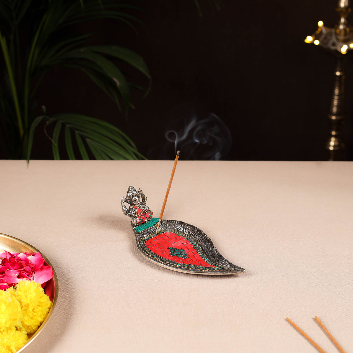 Tibetan leaf stone work white metal incense stick holder 23