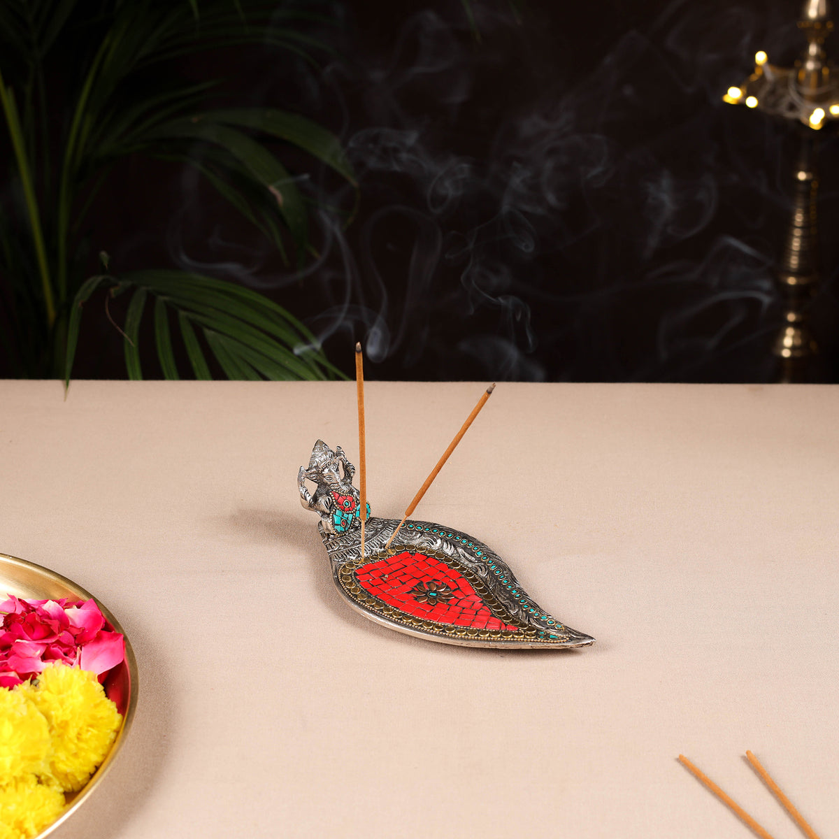 Tibetan Leaf Stone Work White Metal Incense Stick Holder 24