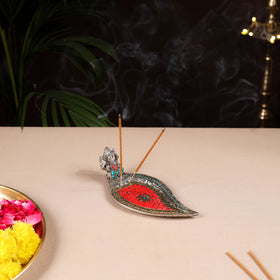 Tibetan Leaf Stone Work White Metal Incense Stick Holder 24