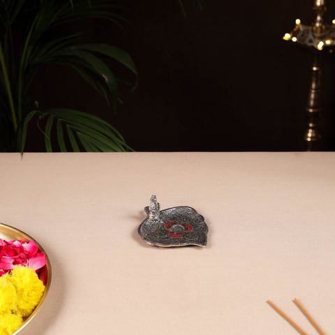 Tibetan leaf stone work white metal incense stick holder 11