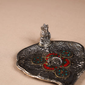 Tibetan leaf stone work white metal incense stick holder 11