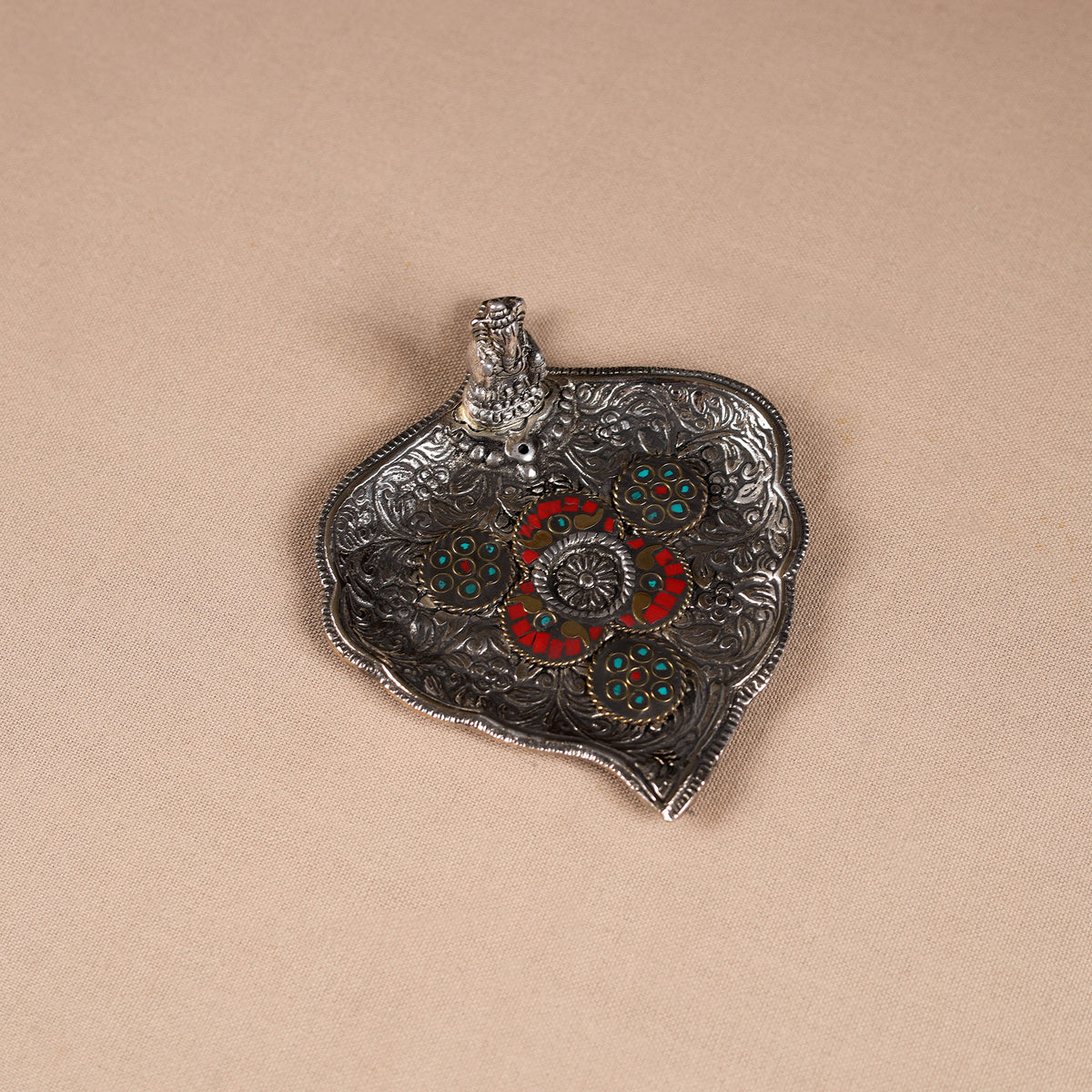 Tibetan leaf stone work white metal incense stick holder 11