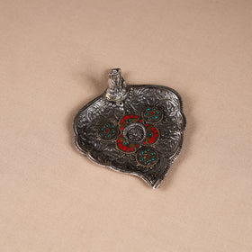 Tibetan leaf stone work white metal incense stick holder 11