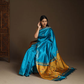 Blue - Handloom Desi Tussar Silk Zari Border Bhagalpuri Saree 10