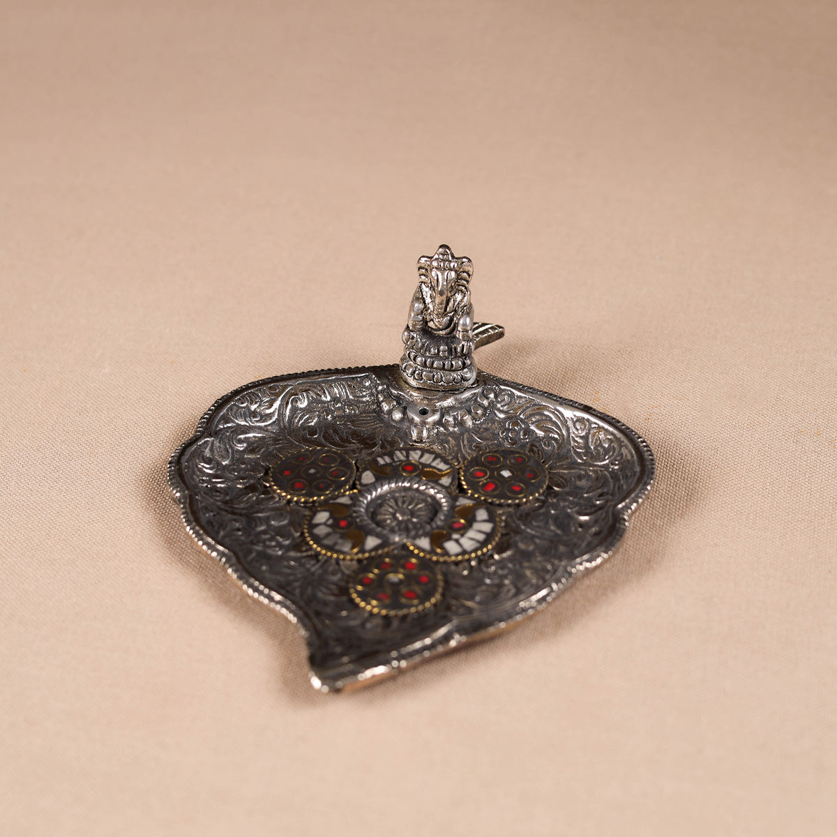 Tibetan Leaf Stone Work White Metal Incense Stick Holder 12
