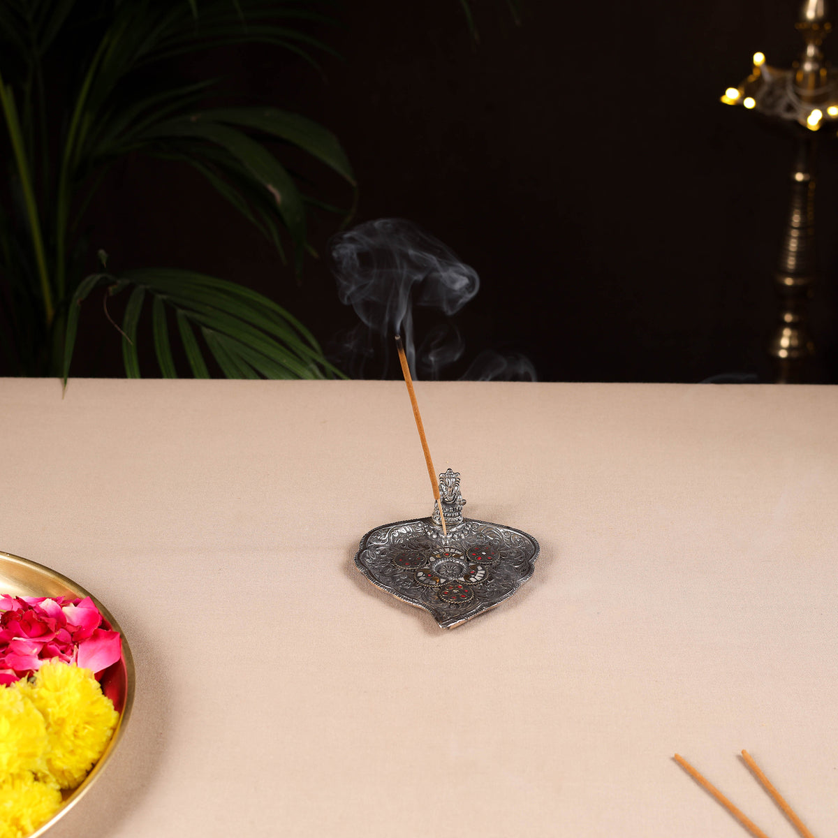 Tibetan Leaf Stone Work White Metal Incense Stick Holder 12