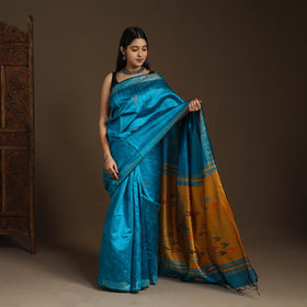 Blue - Handloom Desi Tussar Silk Zari Border Bhagalpuri Saree 10