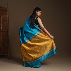 Blue - Handloom Desi Tussar Silk Zari Border Bhagalpuri Saree 10