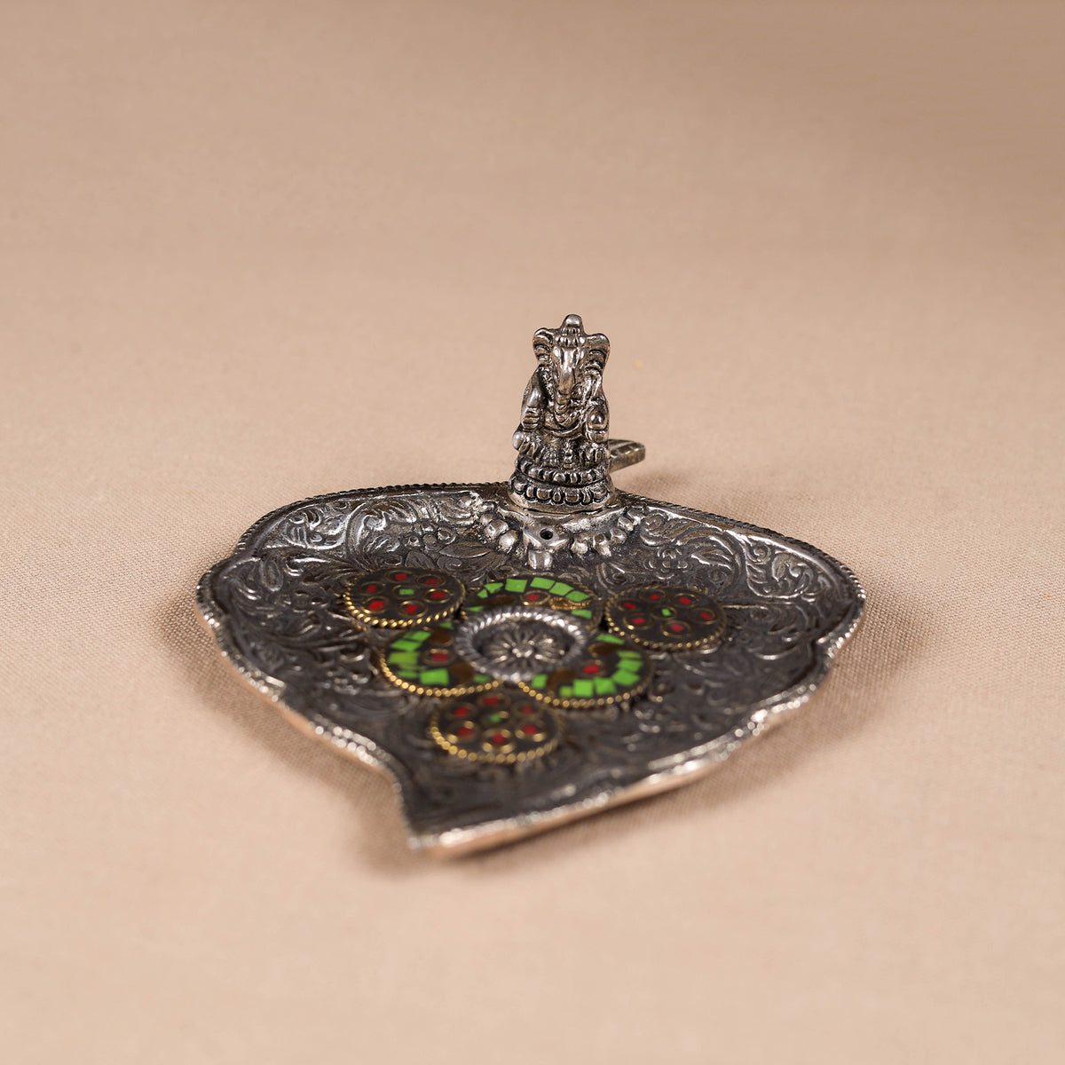 Tibetan Leaf Stone Work White Metal Incense Stick Holder 13