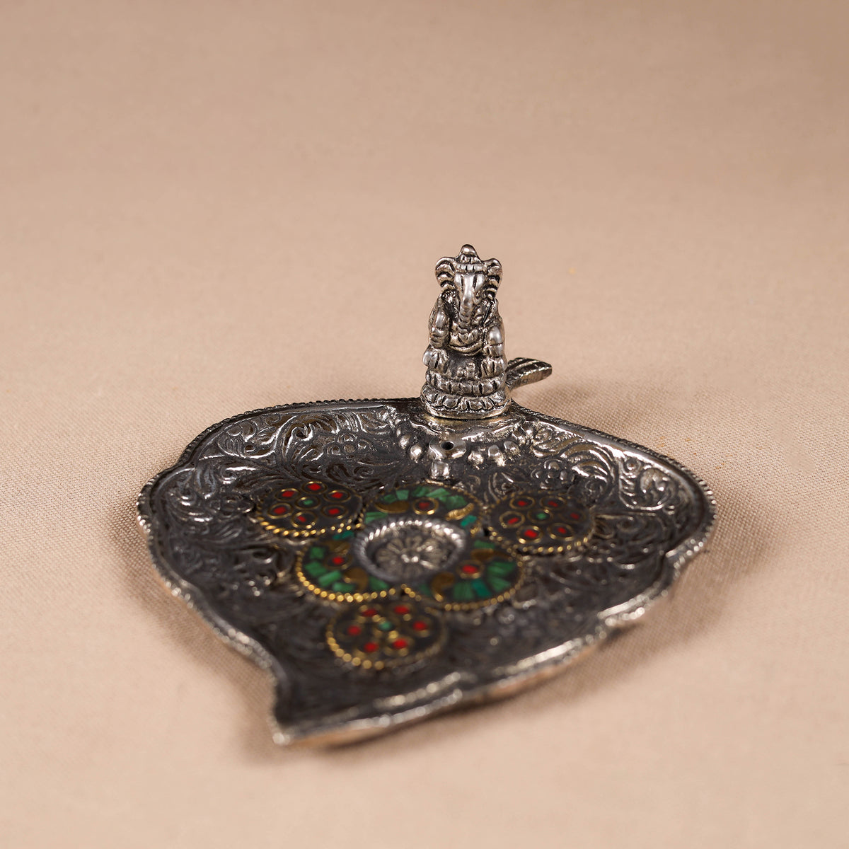 Tibetan Leaf Stone Work White Metal Incense Stick Holder 14