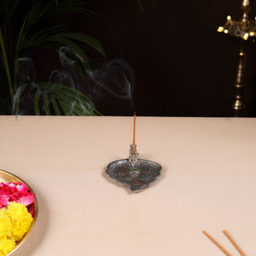 Tibetan Leaf Stone Work White Metal Incense Stick Holder 14