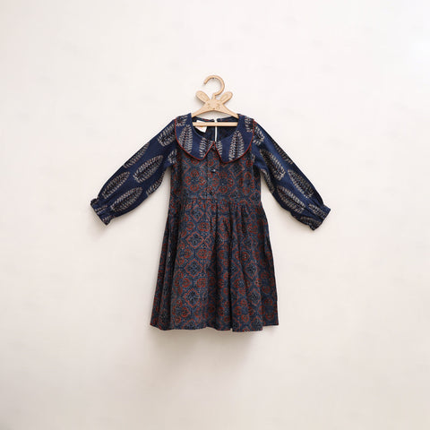 Blue - Pure Cotton Girls Frock Dress in Ajrakh Block Print (3-4 Years) 38