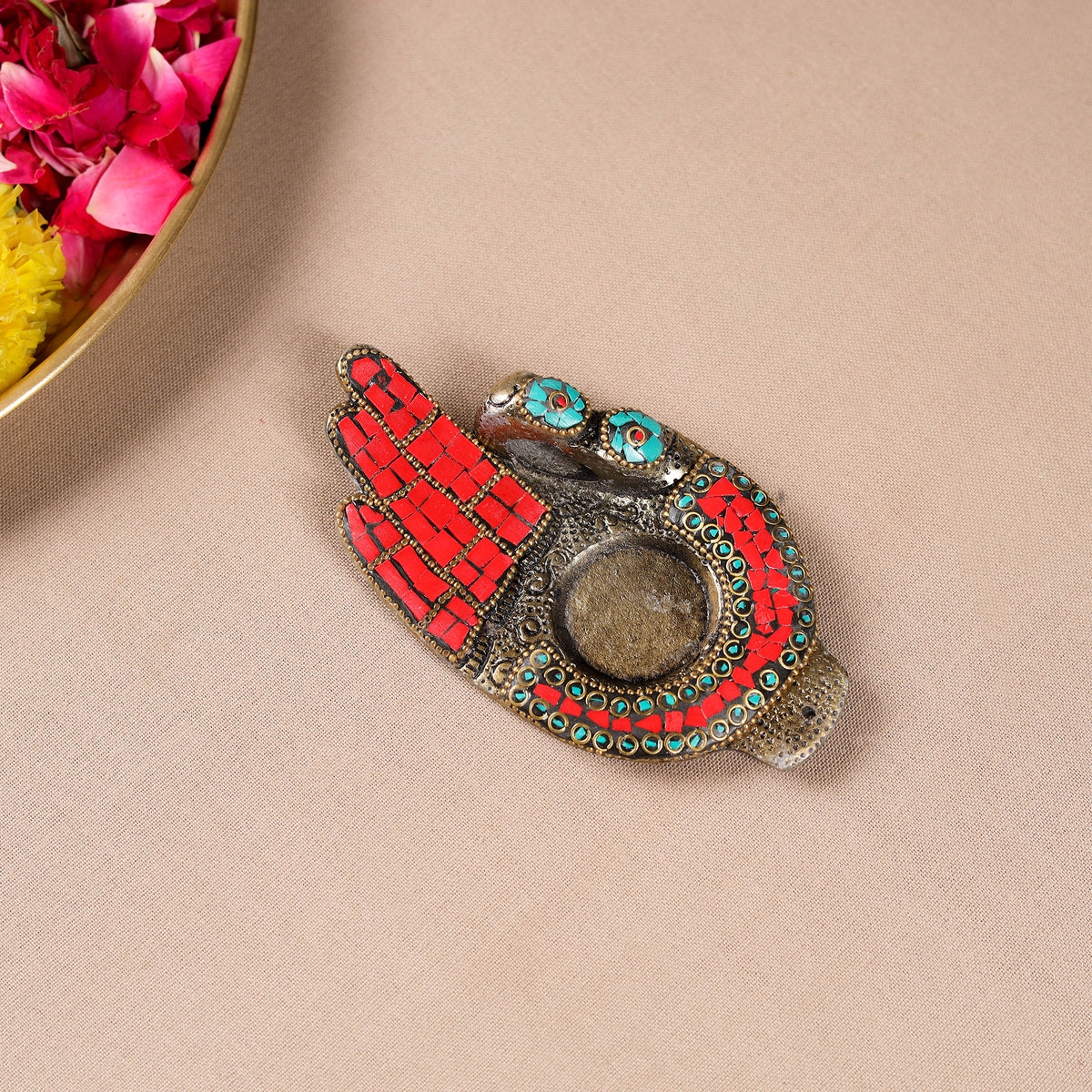 Tibetan hamsa stone work white metal incense stick & tea
