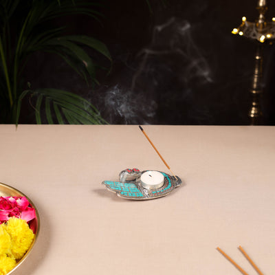 Tibetan Hamsa Stone Work White Metal Incense Stick & Tea Light Holder 08