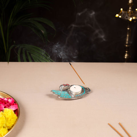 Tibetan Hamsa Stone Work White Metal Incense Stick & Tea Light Holder 08