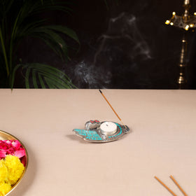 Tibetan Hamsa Stone Work White Metal Incense Stick & Tea Light Holder 08
