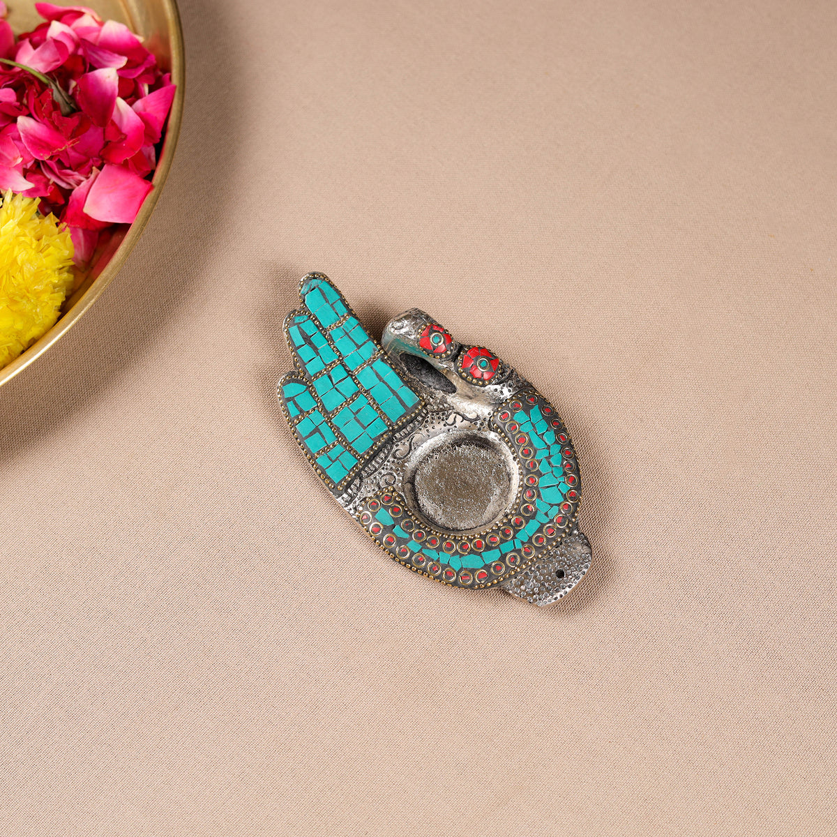 Tibetan Hamsa Stone Work White Metal Incense Stick & Tea Light Holder 08