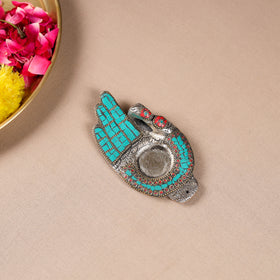 Tibetan Hamsa Stone Work White Metal Incense Stick & Tea Light Holder 08