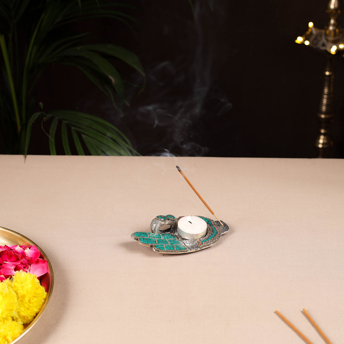 Tibetan Hamsa Stone Work White Metal Incense Stick & Tea Light Holder 09