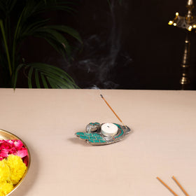 Tibetan Hamsa Stone Work White Metal Incense Stick & Tea Light Holder 09