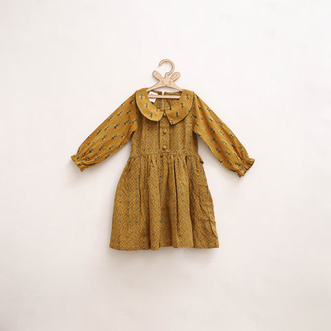Yellow - Pure Cotton Girls Frock Dress in Ajrakh Block Print (3-4 Years) 39