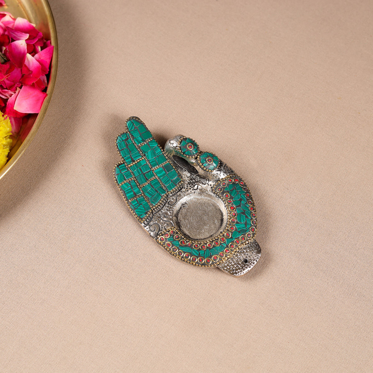 Tibetan Hamsa Stone Work White Metal Incense Stick & Tea Light Holder 09