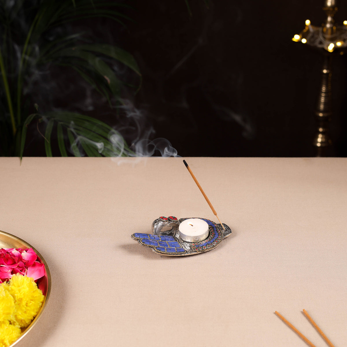 Tibetan Hamsa Stone Work White Metal Incense Stick & Tea Light Holder 10