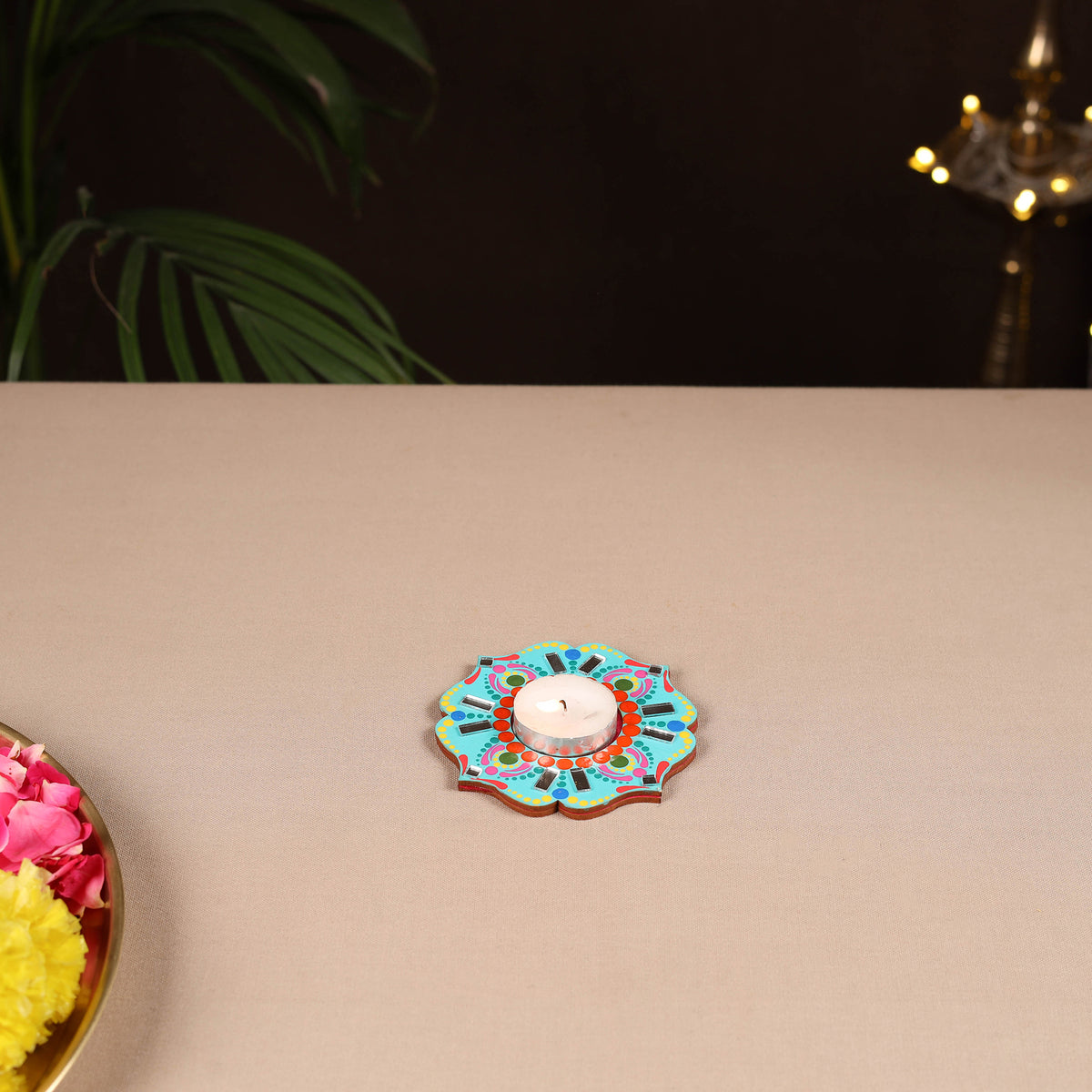 Handpainted Mirror Work Tealight Candle Holder 04
