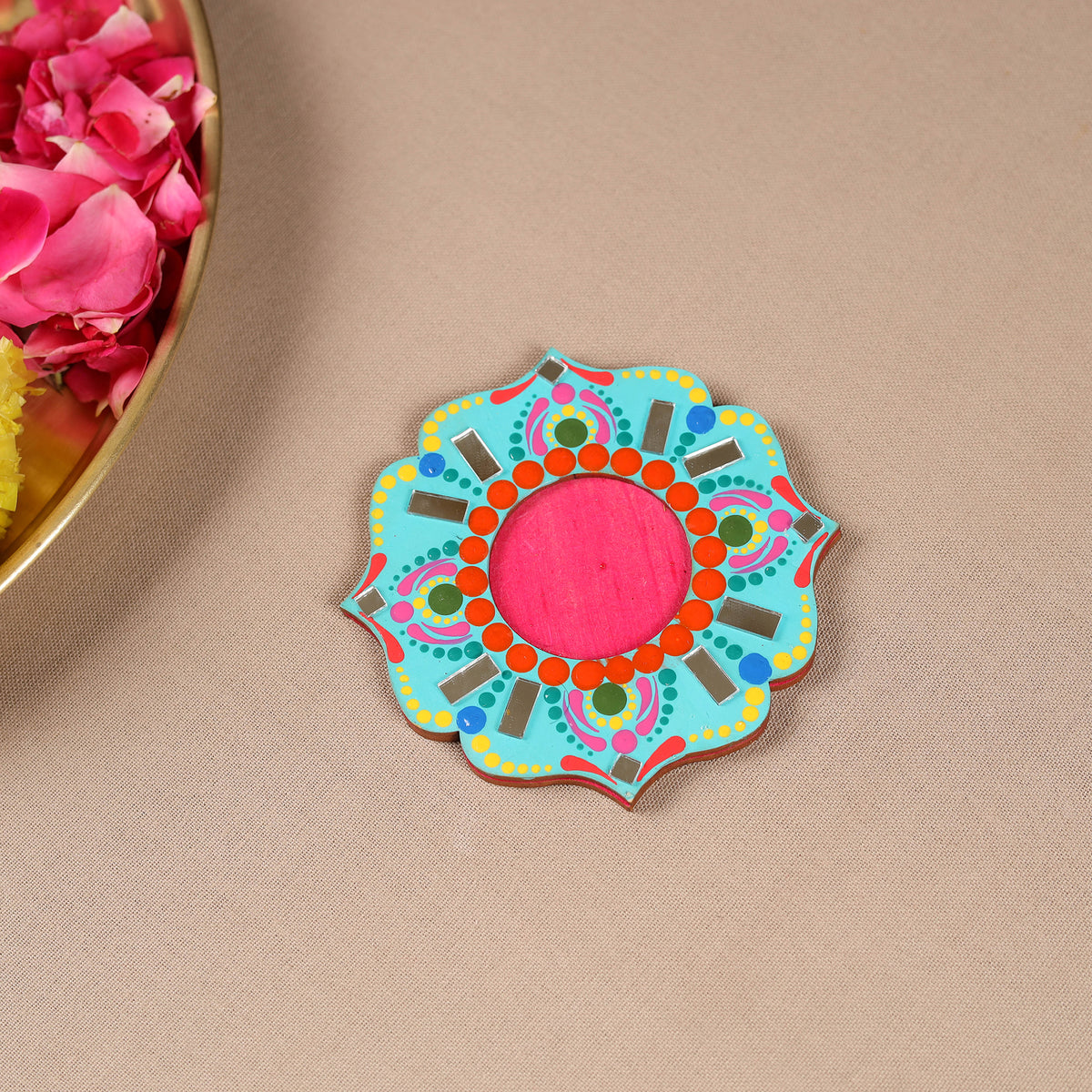 Handpainted Mirror Work Tealight Candle Holder 04