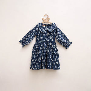 Blue - Pure Cotton Girls Frock Dress in Indigo Bagru Block Print (3-4 Years) 46