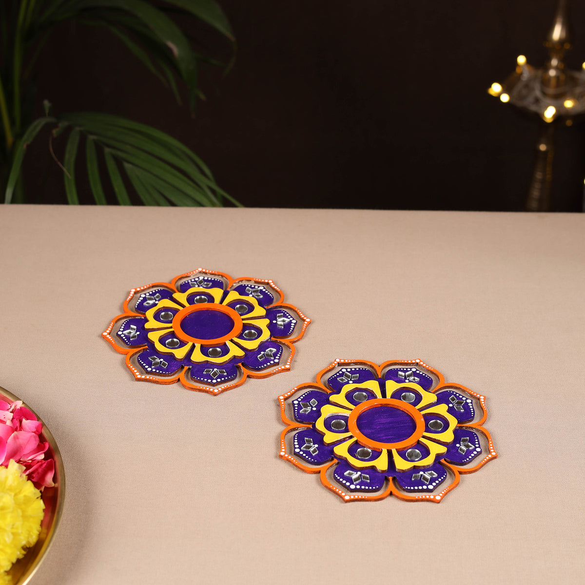 Handpainted Mirror Work Tealight Candle Holder (Set of 2) 08