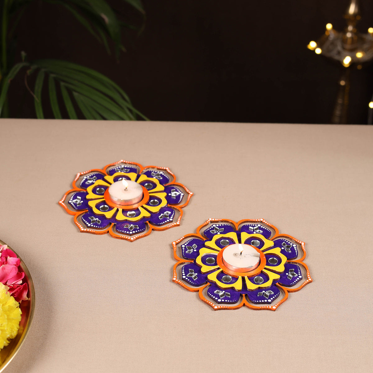 Handpainted Mirror Work Tealight Candle Holder (Set of 2) 08