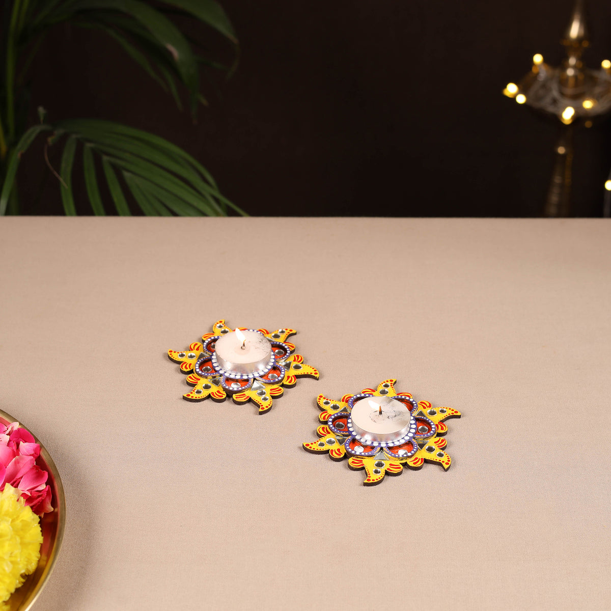 Handpainted Mirror Work Tealight Candle Holder (Set of 2) 12