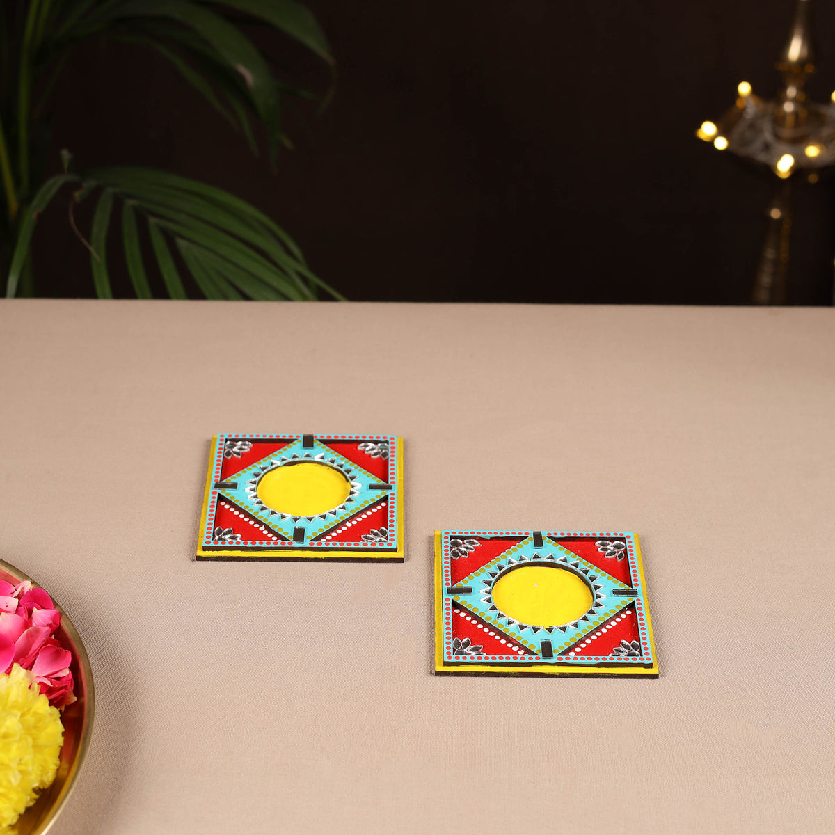 Handpainted Mirror Work Tealight Candle Holder (Set of 2) 14