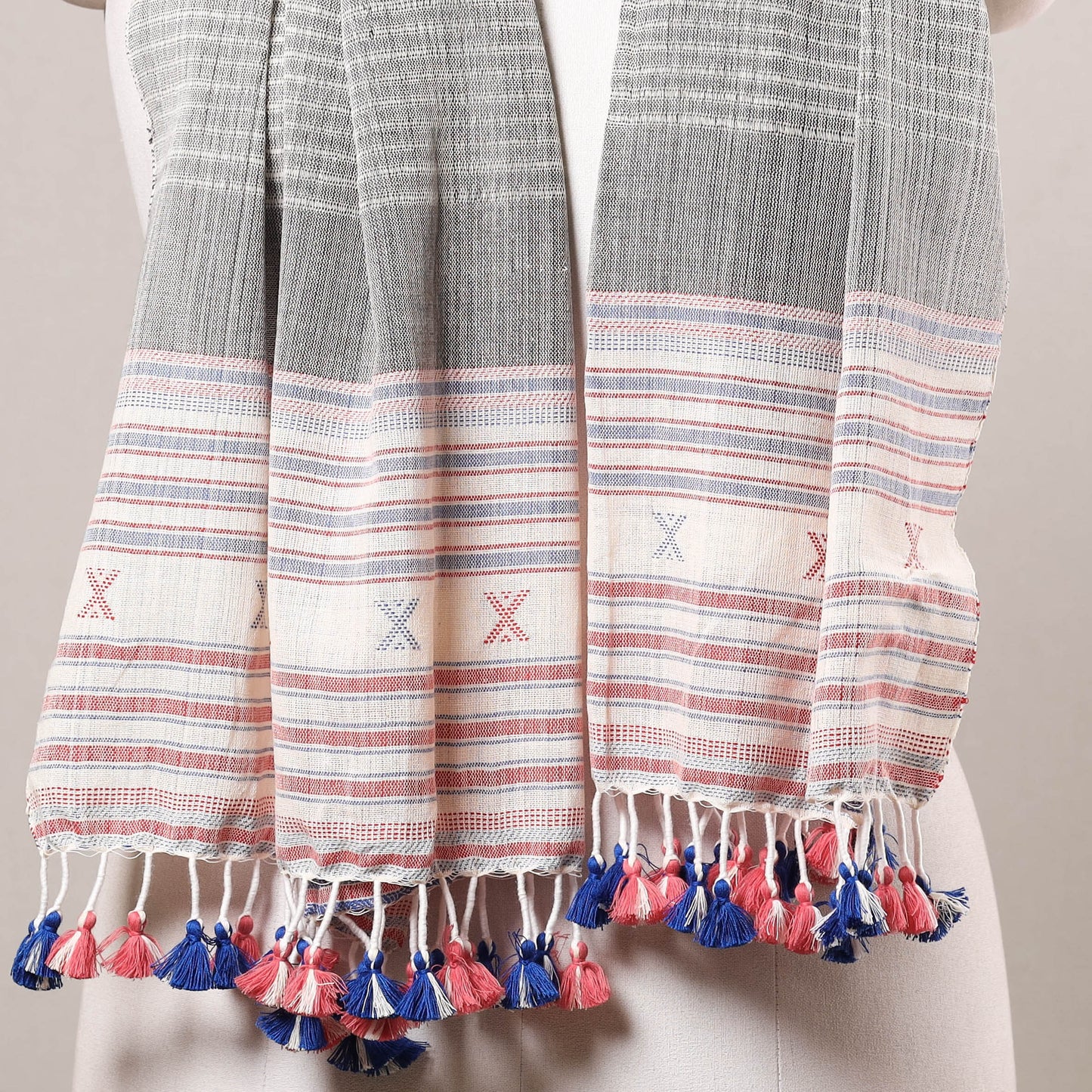 Grey - Kutch Bhujodi Weaving Fine Cotton Stole with Tassels