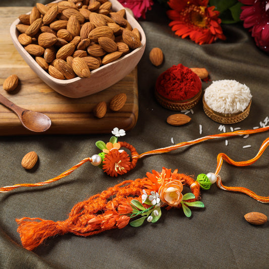 Paper Flowers & Thread Work Bhaiya Bhabhi Rakhi with Almonds