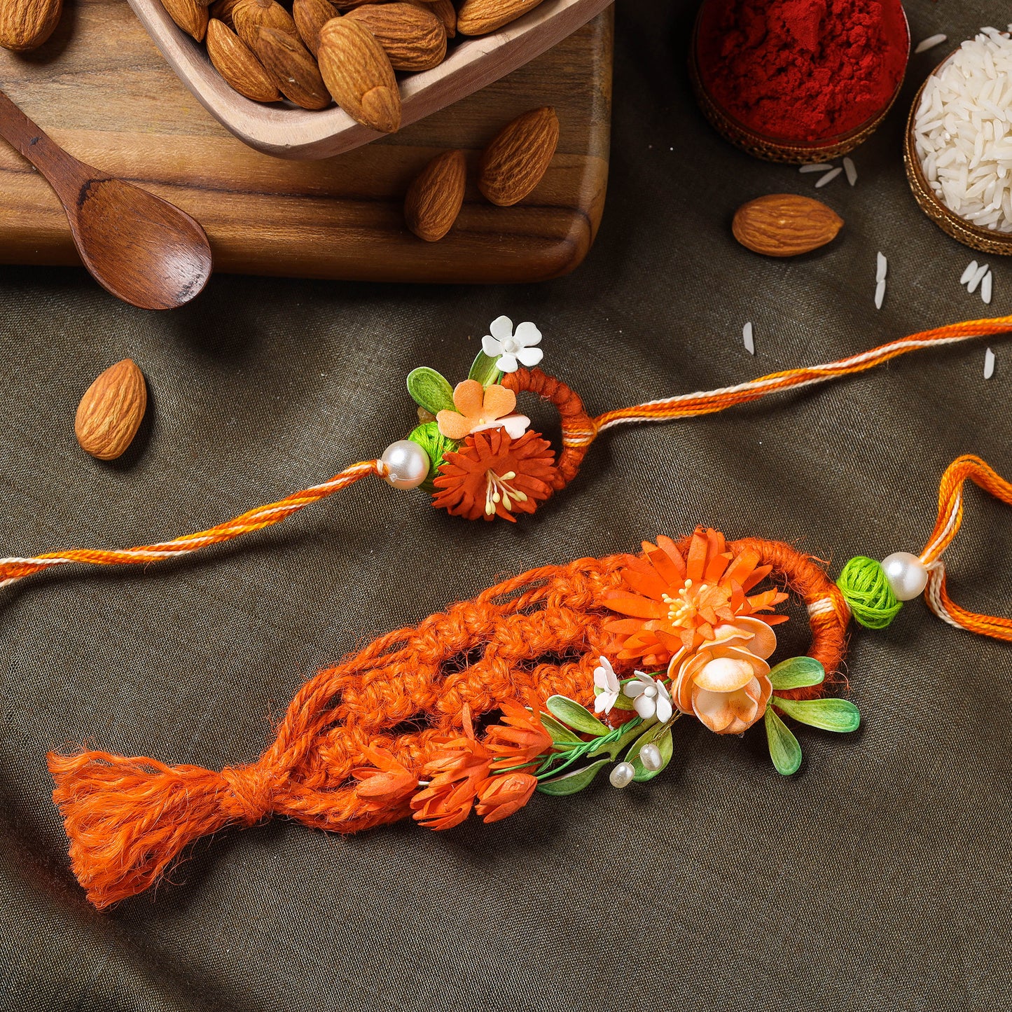 Paper Flowers & Thread Work Bhaiya Bhabhi Rakhi with Almonds
