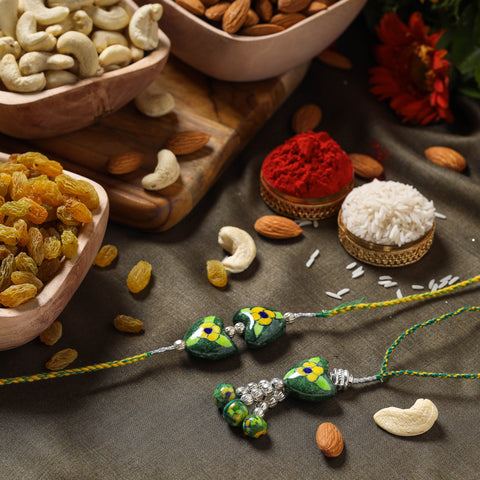 Patwa Blue Pottery Beads Bhaiya Bhabhi Rakhi with Dry Fruits