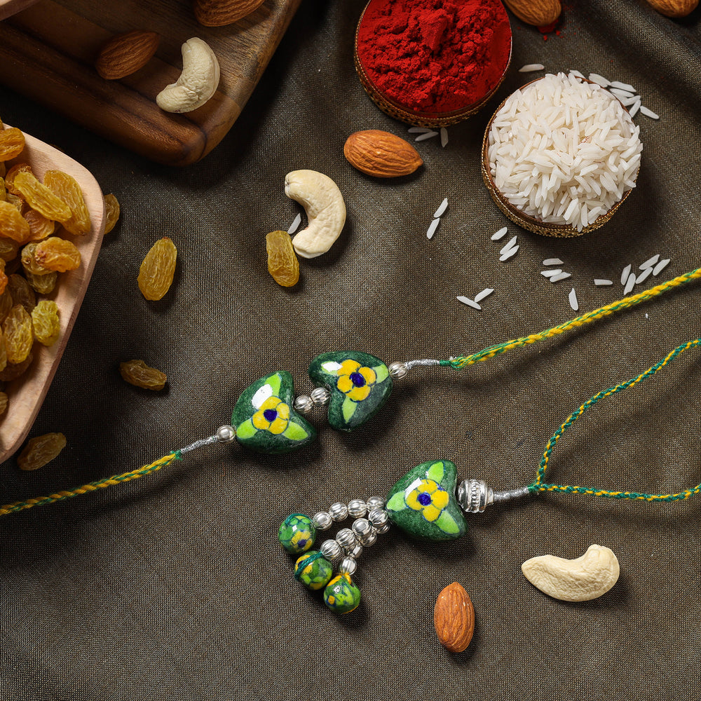 Patwa Blue Pottery Beads Bhaiya Bhabhi Rakhi with Dry Fruits