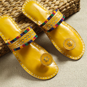 Yellow Kutch Embroidery Handstitched Leather Flat Slippers