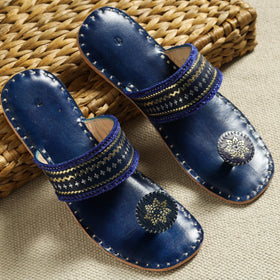  Blue Kutch Embroidery Handstitched Leather Flat Slippers 