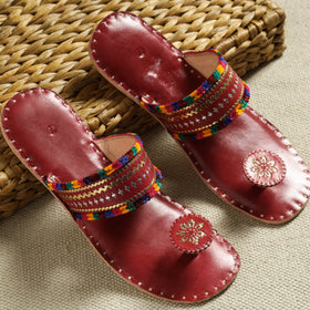Red Kutch Embroidery Handstitched Leather Flat Slippers