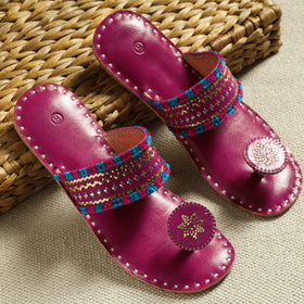 Purple Kutch Embroidery Handstitched Leather Flat Slippers