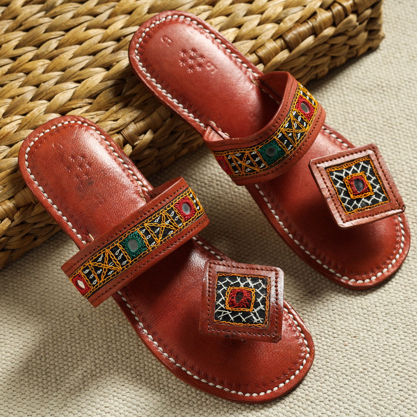 Kutch Embroidery Handstitched Mirror Work Leather Flat Slippers