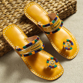 Yellow Kutch Embroidery Handstitched Leather Flat Slippers